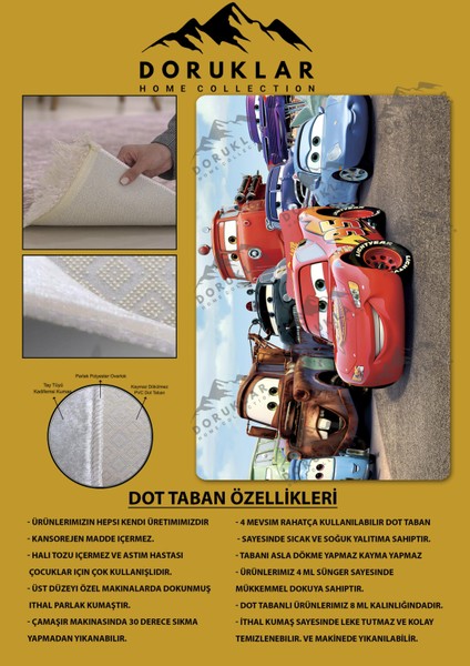 Kaymaz Taban Makinada Yıkanabilir Dijital Baskı Şimşek Mcqueen Cars Desenli Genç Odası ve Çocuk Odası Halısı Dot Taban Halı