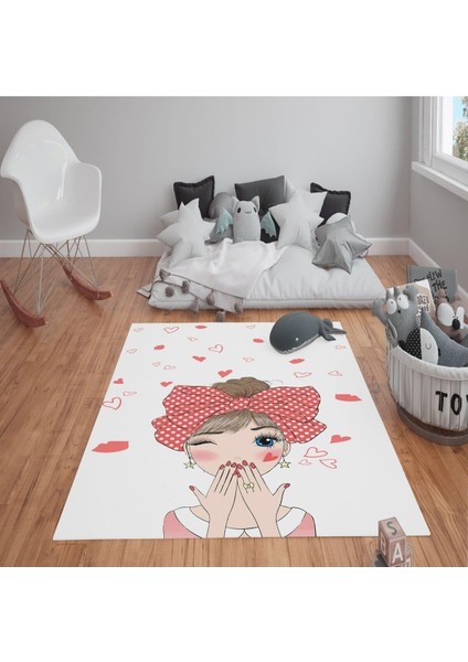 Kaymaz Tabanlı Yıkanabilir Şeker Kız Desenli Çocuk Halısı Dot Taban Halı