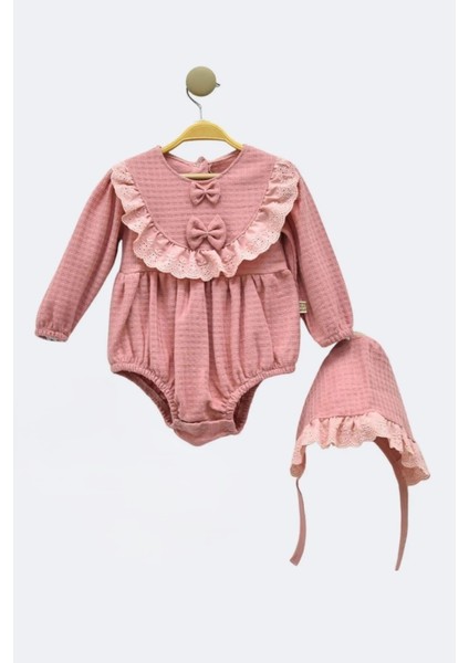 Kız Bebek Fistolu Romper Vintage Şapkalı Özel Gün Yenidoğan Tulum Takım 3-12 Ay