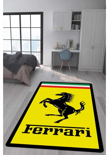 Kaymaz Taban Makinada Yıkanabilir Dijital Baskı Ferrari Desenli Genç Odası Halısı Dot Taban Halı