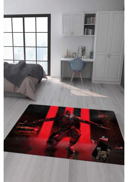 Kaymaz Taban Makinada Yıkanabilir Dijital Baskı Deadpool Desenli Genç Odası Halısı