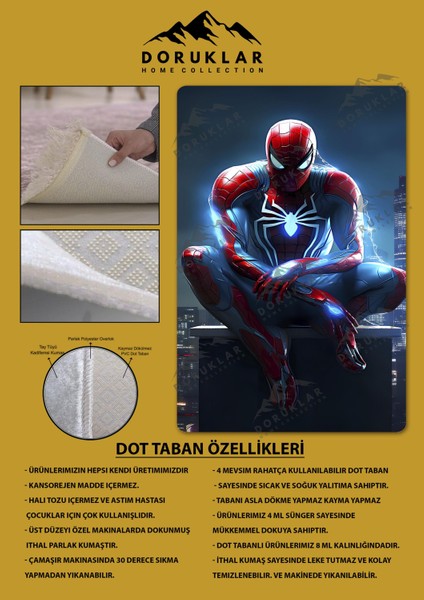 Kaymaz Taban Makinada Yıkanabilir Dijital Baskı Spiderman Desenli Genç ve Çocuk Odası Halısı Dot Taban Hal fiyatları