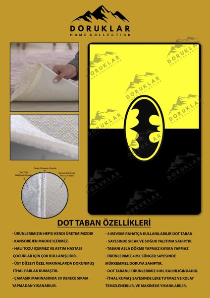 Kaymaz Taban Makinada Yıkanabilir Dijital Baskı Batman Desenli Genç Odası ve Çocuk Odası Halısı Dot Taban Halı