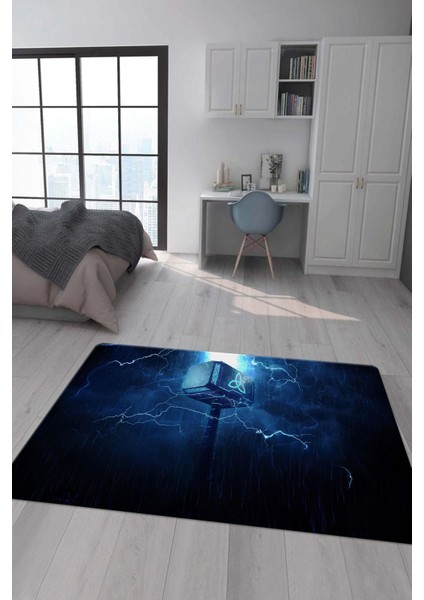 Kaymaz Taban Makinada Yıkanabilir Dijital Baskı Mjolnir Desenli Çocuk Halısı