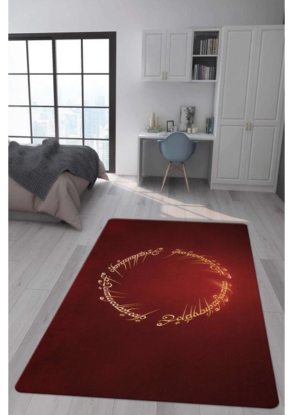 Kaymaz Taban Makinada Yıkanabilir Dijital Baskı Yüzüklerin Efendisi Desenli Genç Odası Halısı