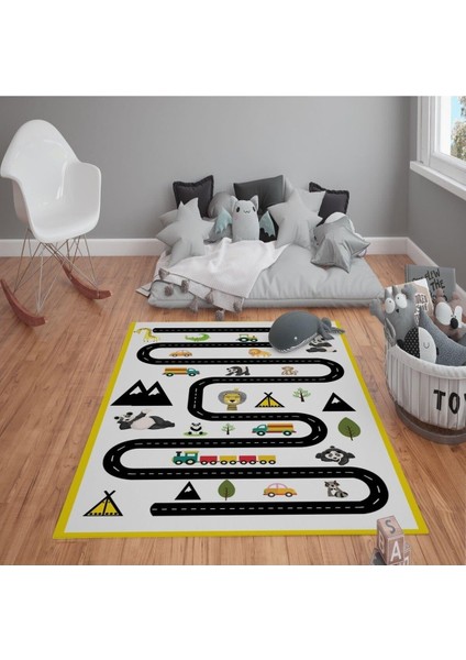 Kaymaz Tabanlı Yıkanabilir Yol ve Jungle Desenli Çocuk Halısı Dot Taban Halı