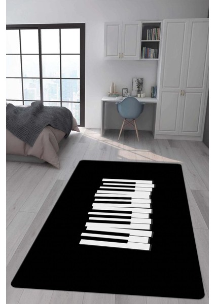 Kaymaz Taban Makinada Yıkanabilir Dijital Baskı Piyano Desenli Genç Odası Halısı