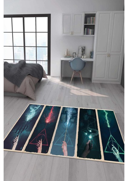 Kaymaz Taban Makinada Yıkanabilir Dijital Baskı Harry Potter Asalar Desenli Genç Odası Halısı