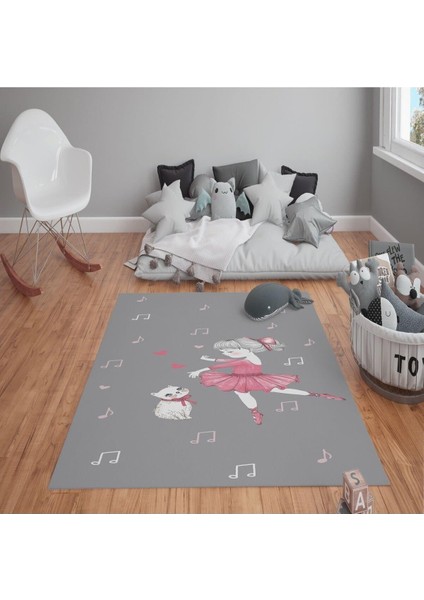 Kaymaz Tabanlı Yıkanabilir Tatlı Kız Kedi ve Nota Desenli Çocuk Halısı Dot Taban Halı