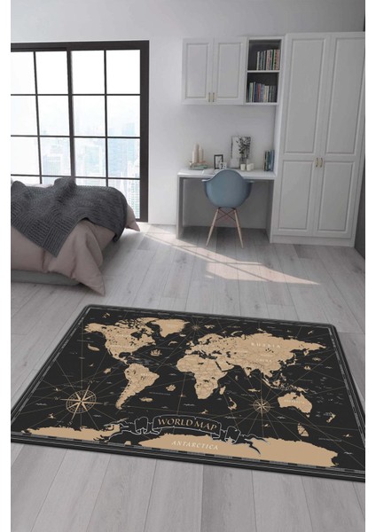 Kaymaz Taban Makinada Yıkanabilir Dijital Baskı Harita Desenli Genç Odası Halısı