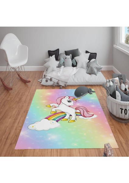 Kaymaz Tabanlı Yıkanabilir Gökkuşağı Unicorn Desenli Çocuk Halısı Dot Taban Halı