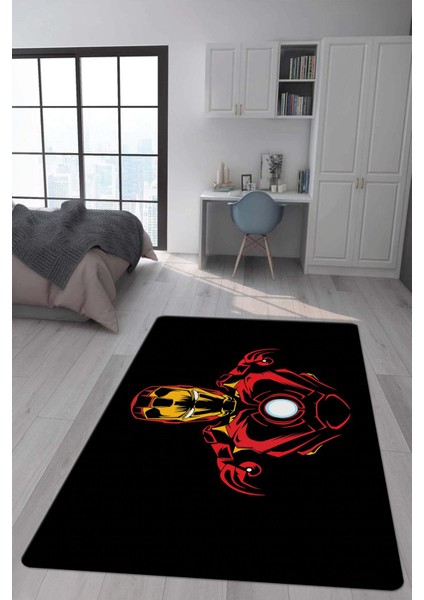 Kaymaz Taban Makinada Yıkanabilir Dijital Baskı Iron Man Desenli Genç Odası ve Çocuk Odası Halısı Dot Taban Halı