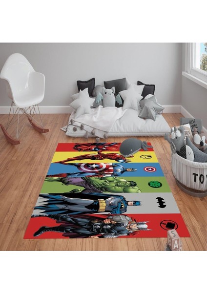 Kaymaz Tabanlı Yıkanabilir Marvel Avengers Desenli Çocuk Halısı Dot Taban Halı