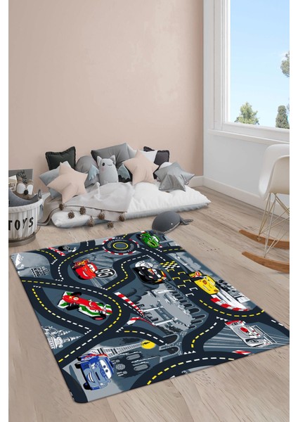 Kaymaz Taban Yıkanabilir Yol ve Araba Desenli Çocuk Halısı