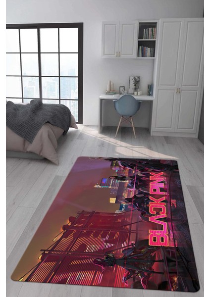 Kaymaz Taban Makinada Yıkanabilir Dijital Baskı Blackpink Desenli Genç ve Çocuk Odası Halısı