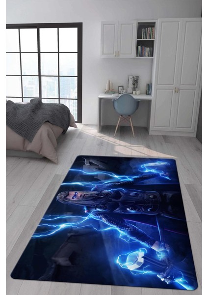 Kaymaz Taban Makinada Yıkanabilir Dijital Baskı Thor Mjölnir Desenli Genç Odası ve Çocuk Odası Halısı Dot Taban Halı