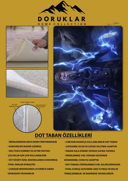Kaymaz Taban Makinada Yıkanabilir Dijital Baskı Thor Mjölnir Desenli Genç Odası ve Çocuk Odası Halısı Dot Taban Halı
