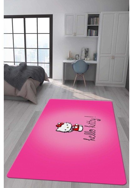 Kaymaz Taban Makinada Yıkanabilir Dijital Baskı Hello Kitty Desenli Genç ve Çocuk Odası Halısı