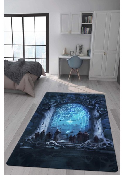 Kaymaz Taban Makinada Yıkanabilir Dijital Baskı Yüzüklerin Efendisi Desenli Genç Odası ve Çocuk Odası Halısı Dot Taban Halı