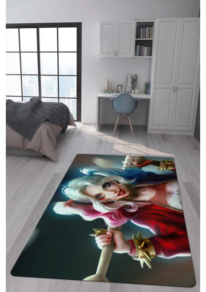 Kaymaz Taban Makinada Yıkanabilir Dijital Baskı Harley Quinn Desenli Genç Odası Halısı