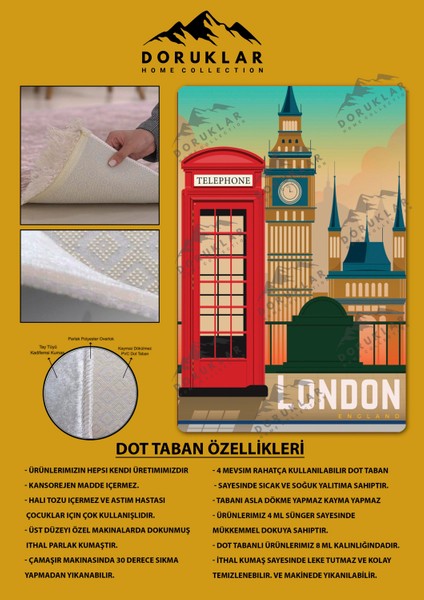 Kaymaz Taban Makinada Yıkanabilir Dijital Baskı London Desenli Genç Odası Halısı fiyatları