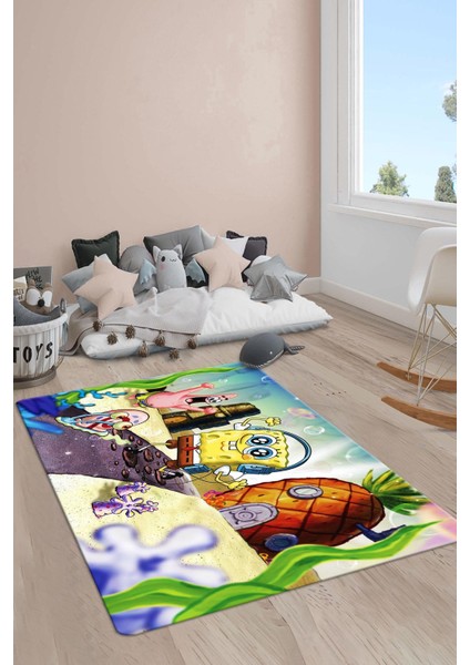 Kaymaz Taban Makinada Yıkanabilir Dijital Baskı Sünger Bob Desenli Çocuk Halısı