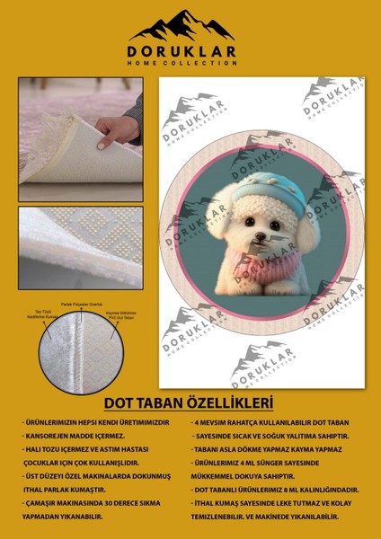 Kaymaz Taban Yıkanabilir Tatlı Köpek Desenli Yuvarlak Çocuk Halısı