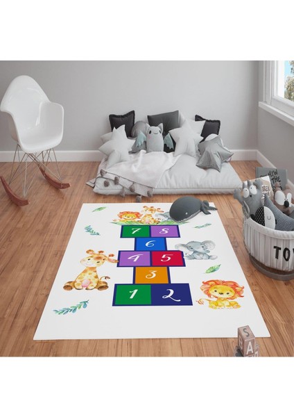Kaymaz Tabanlı Yıkanabilir Sayı Desenli Çocuk Halısı Dot Taban Halı