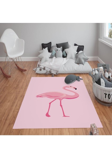 Kaymaz Tabanlı Yıkanabilir Flamingo Desenli Çocuk Halısı Dot Taban Halı