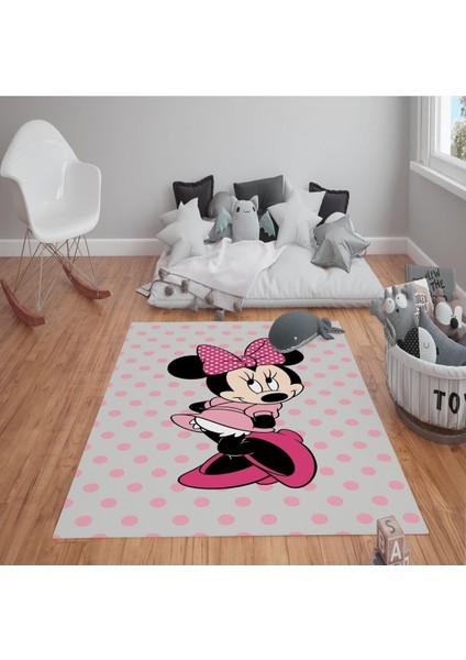 Kaymaz Tabanlı Yıkanabilir Mickey Minnie Desenli Çocuk Halısı Dot Taban Halı