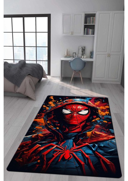 Kaymaz Taban Makinada Yıkanabilir Dijital Baskı Spiderman Desenli Genç ve Çocuk Odası Halısı Dot Taban Halı