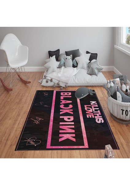 Kaymaz Tabanlı Yıkanabilir Black Pink Desenli Çocuk Halısı Dot Taban Halı