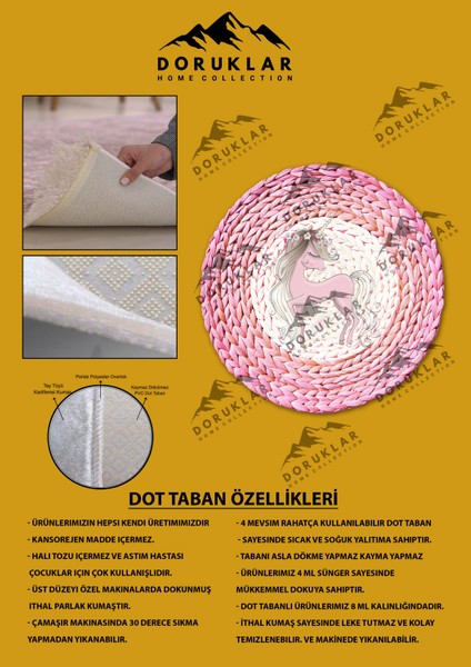 Hasır Desenli Pembe Unicorn Kaymaz Tabanlı Yıkanabilir Yuvarlak Çocuk Halısı