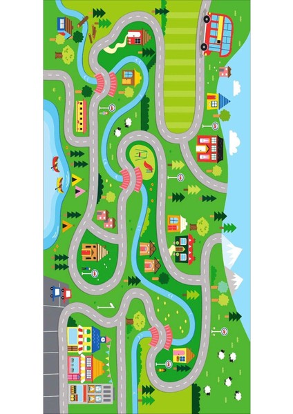 Kaymaz Tabanlı Yıkanabilir Yol Desenli Çocuk Halısı Dot Taban Halı