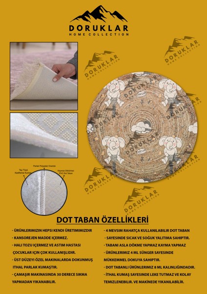 Dijital Baskı Kaymaz Taban Yıkanabilir Hasır-Jüt Görünümlü Yuvarlak Çocuk Halısı