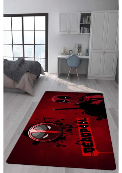 Kaymaz Taban Makinada Yıkanabilir Dijital Baskı Deadpool Desenli Genç Odası ve Çocuk Odası Halısı Dot Taban Halı
