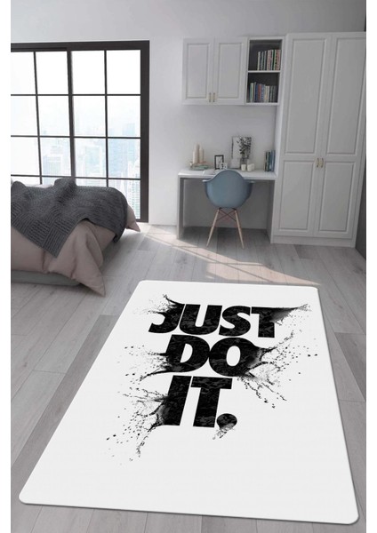 Kaymaz Taban Makinada Yıkanabilir Dijital Baskı Just Do It Desenli Genç Odası Halısı Dot Taban Halı
