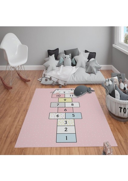 Kaymaz Tabanlı Yıkanabilir Seksek Desenli Çocuk Halısı Dot Taban Halı