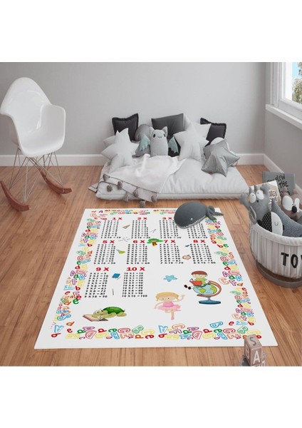 Kaymaz Tabanlı Yıkanabilir Çarpım Tablosu Desenli Çocuk Halısı Dot Taban Halı