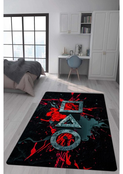 Kaymaz Taban Makinada Yıkanabilir Dijital Baskı Squid Game Desenli Genç Odası Halısı Dot Taban Halı