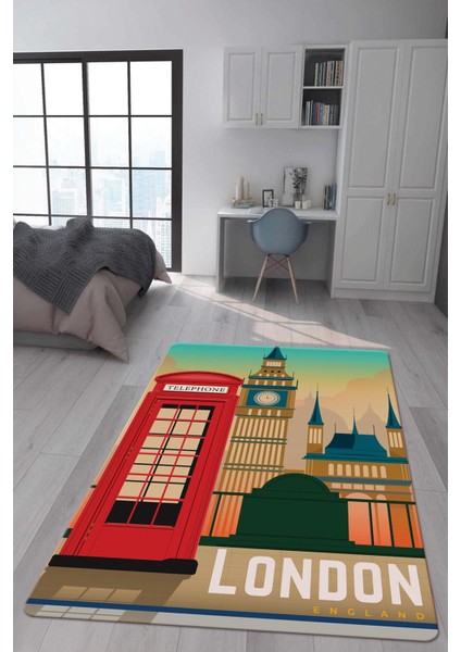 Kaymaz Taban Makinada Yıkanabilir Dijital Baskı London Desenli Genç Odası Halısı