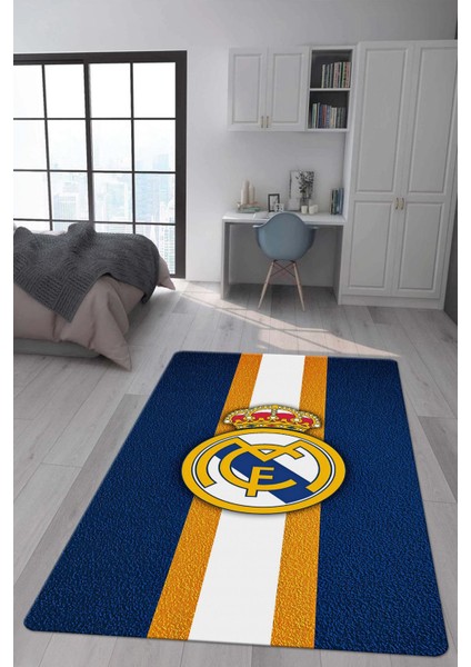 Kaymaz Taban Makinada Yıkanabilir Dijital Baskı Real Madrid Desenli Genç Odası ve Çocuk Odası Halısı Dot Taban Halı