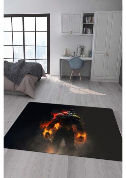 Kaymaz Taban Makinada Yıkanabilir Dijital Baskı Hulk Desenli Genç Odası Halısı