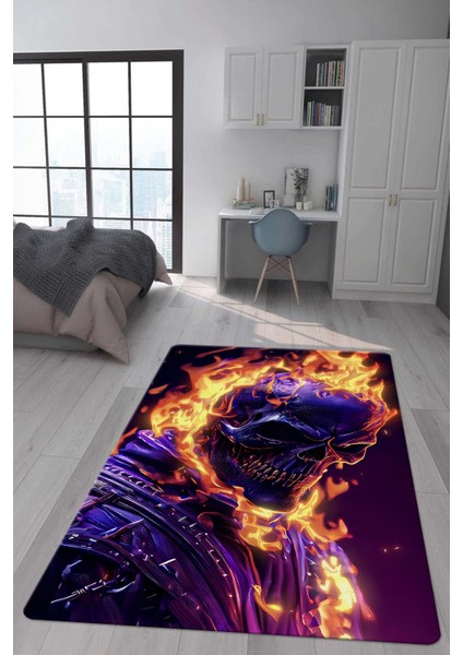 Kaymaz Taban Makinada Yıkanabilir Dijital Baskı Ghost Rider Desenli Genç Odası ve Çocuk Odası Halısı Dot Taban Halı