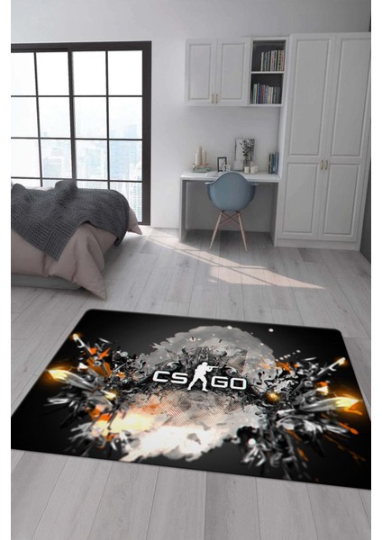 Kaymaz Taban Makinada Yıkanabilir Dijital Baskı Cs Go Desenli Genç Odası Halısı