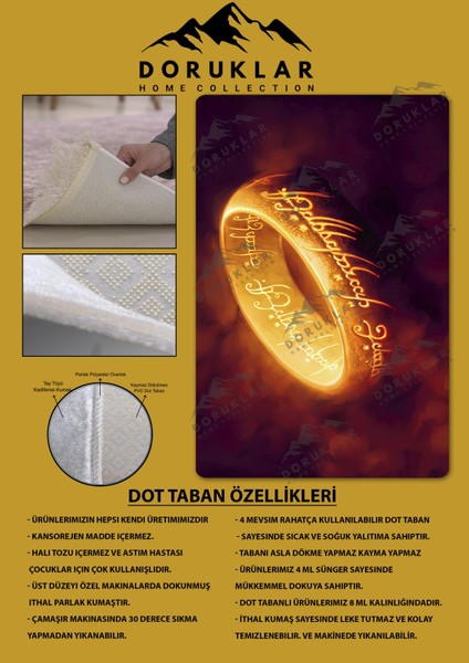 Kaymaz Taban Makinada Yıkanabilir Dijital Baskı Yüzüklerin Efendisi Desenli Genç Odası ve Çocuk Odası Halısı Dot Taban Halı