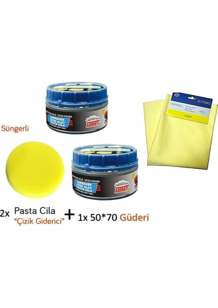 2x Çizik Giderici Parlatıcı Pasta Cila (Süngerli) + 1x Mikrofiber Güderi Kurulama Bezi 50X70