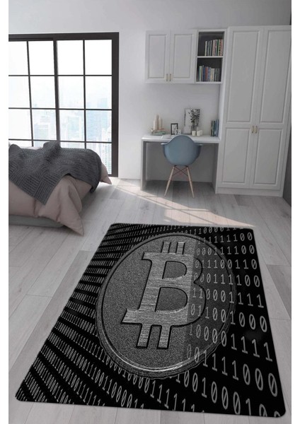 Kaymaz Taban Makinada Yıkanabilir Dijital Baskı Bitcoin Desenli Genç Odası Halısı