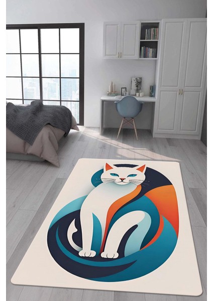 Kaymaz Taban Makinada Yıkanabilir Dijital Baskı Kedi Desenli Genç Halısı Dot Taban Halı