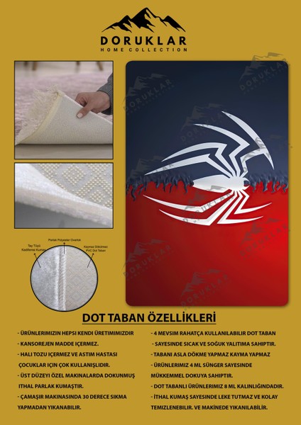 Kaymaz Taban Makinada Yıkanabilir Dijital Baskı Spiderman Desenli Genç ve Çocuk Odası Halısı Dot Taban Hal fiyatları